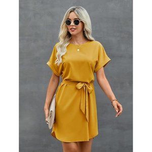 Shein Womens Batwing Sleeve Belted Tunic Dress Boat Neck Mustard Size Medium